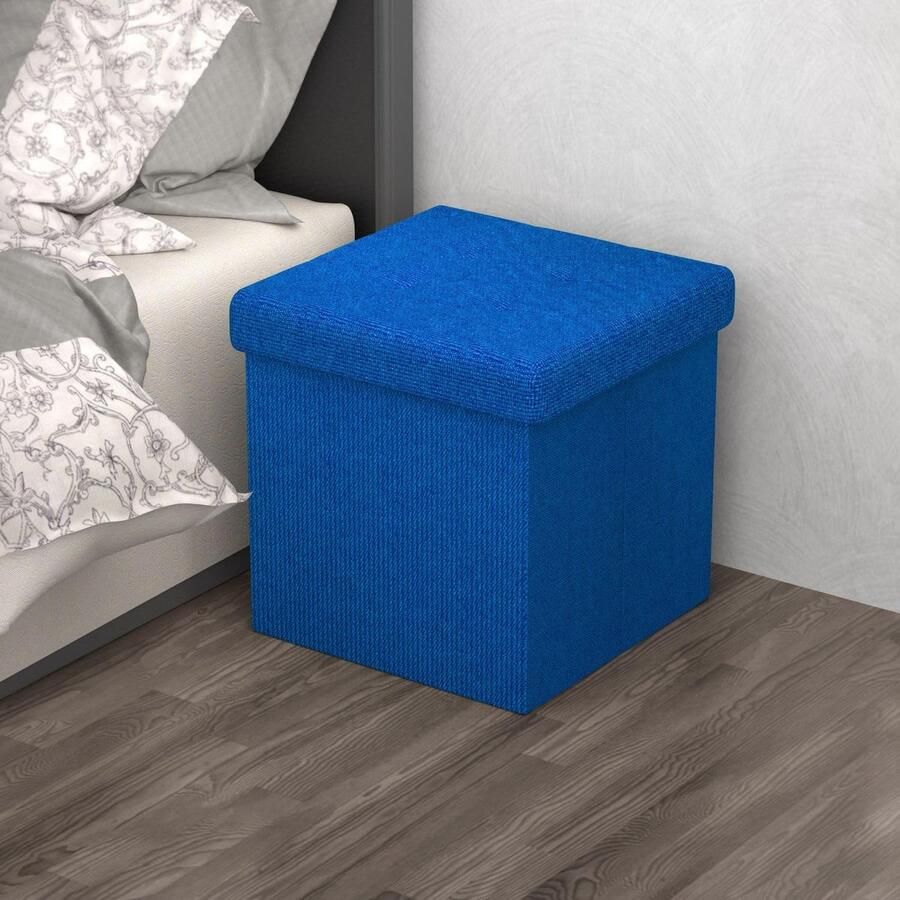 Senza Marchio Intirilife Opvouwbaar zitkrukje 30x30x30 cm in blauw Zitkubus met deksel en opbergruimte van stof met holtes Zitkubus voetensteun opvouwbare opbergdoos kist zitkrukje
