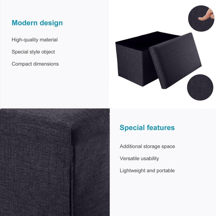 Senza Marchio INTIRILIFE Opvouwbare bank 49x30x30cm in DIAMOND ZWART Zitkubus stof met opbergruimte en deksel in linnen look Zitkubus voetensteun opvouwbare opbergdoos kist zitkruk