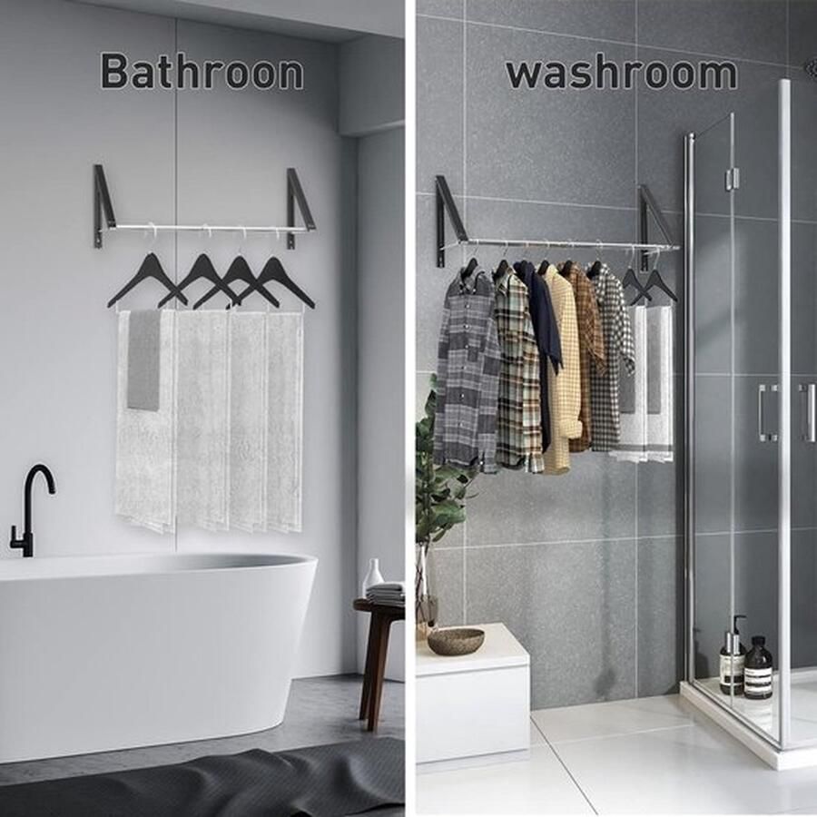 Senza Marchio Intrekbare kledingrek aan de muur gemonteerd opvouwbaar kledingrek aluminium 2 manden (zwart)