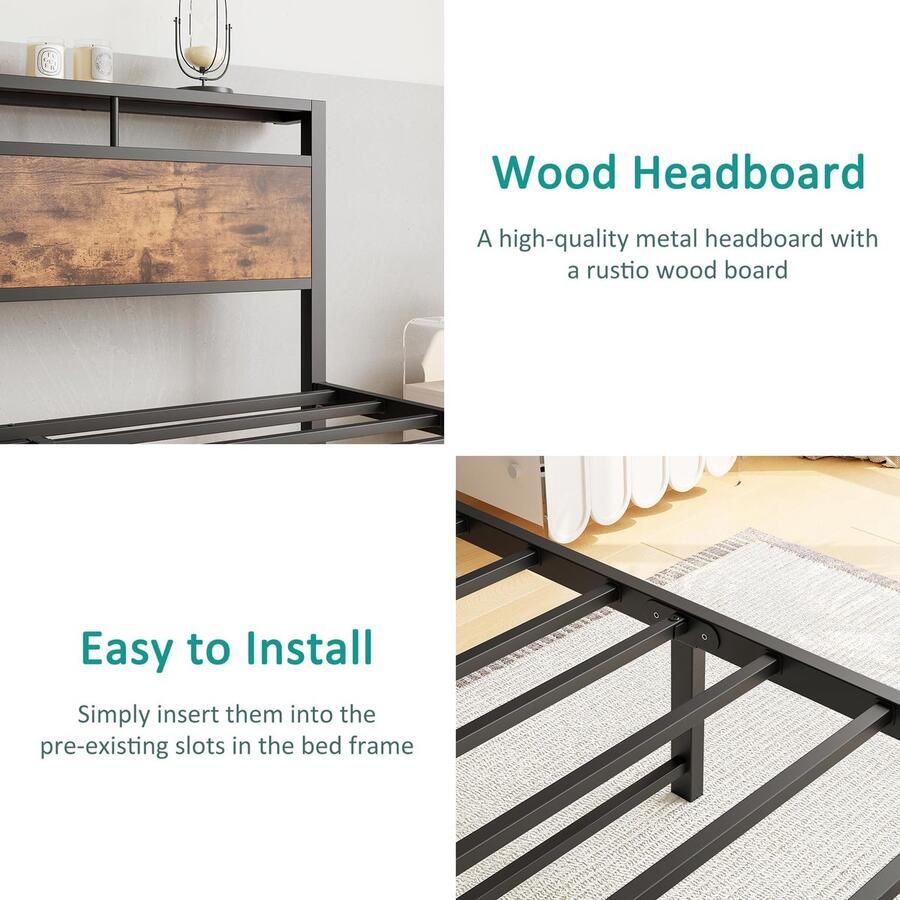 Senza Marchio JELUTE Kingsize bedframe met houten opbergplank hoofdeinde metalen platform bedframe geen boxspring nodig geluidsvrij versterkte sterke steunpoot zwart