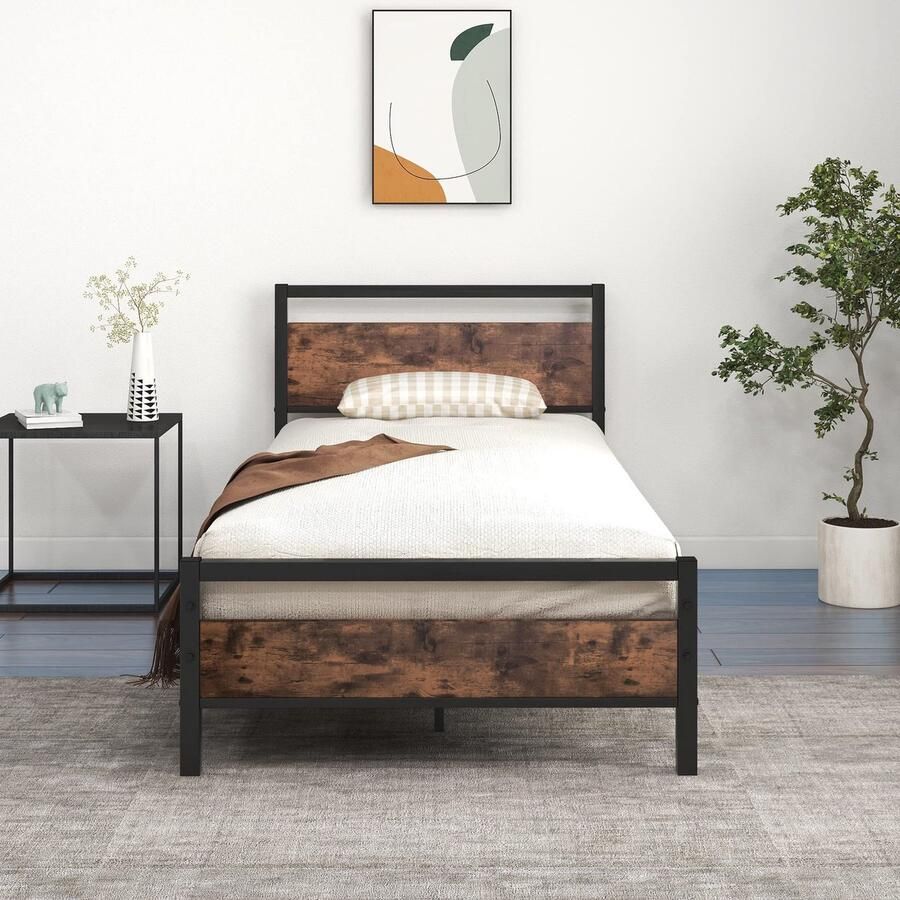 Senza Marchio JELUTE Metalen platformbedframe 1 5 m eenpersoonsbed met houten hoofdeinde en voetenplank robuuste stalen ondersteuning geen boxspring nodig eenvoudige montage zwart