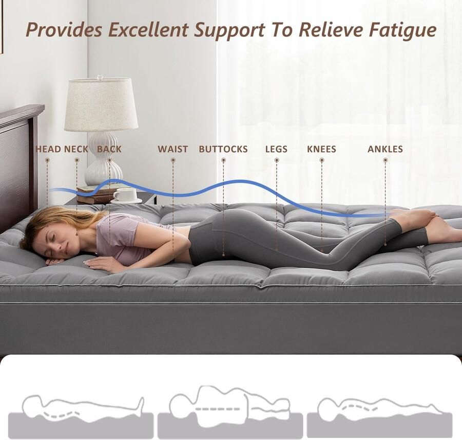 Senza Marchio JKMAX Matrastopper Volledige Kussen Top Matras Topper Pad Extra Dikke Cover met Diepe Zak Matrastopper voor rugpijn Overgevulde 4D Snow Down Alternatieve Pluche Matrastopper (Volledig Grijs)