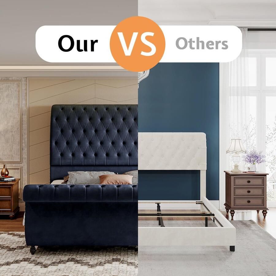 Senza Marchio Jocisland Kingsize bedframe fluweel gestoffeerd platform sleebed met rolhoofdeinde en voetenplank zwart