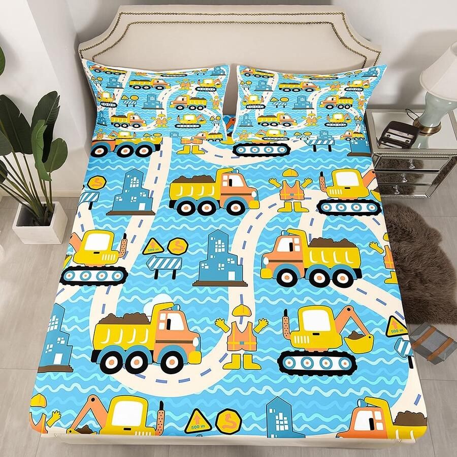Senza Marchio Jongens Graafmachine Bulldozer Auto Cartoon Truck Bed Set Sheet Set voor Kids Jongens Meisjes Strepen Voertuig Lakens Geel Blauw Lakens met 1 Kussensloop 3 Stks Beddengoed Single