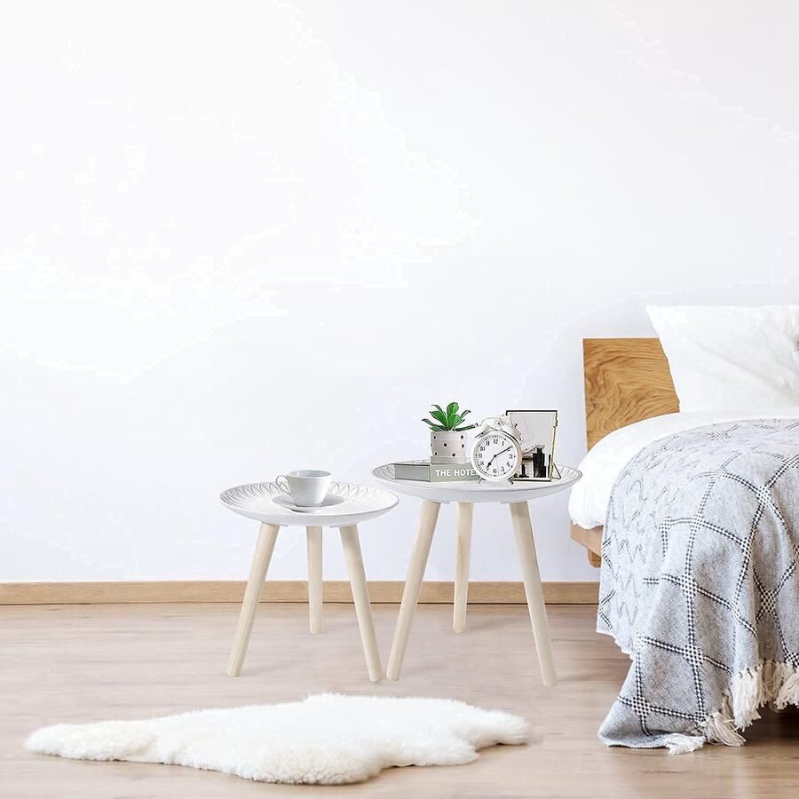 Senza Marchio JUJOYBD Bijzettafel rond set van 2 salontafels hout kleine tafels driepoots banktafel set tafelset voor woonkamer slaapkamer balkon shabby wit D 35 en 40 cm