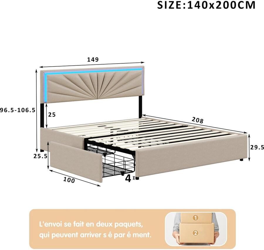Senza Marchio Julyue Gecapitonneerd tweepersoonsbed 140 x 200 cm met 4 laden en ledlicht tweepersoonsbed met in hoogte verstelbaar hoofdeinde kistbed bedframe met lattenbodem linnen (140 x 200 cm)