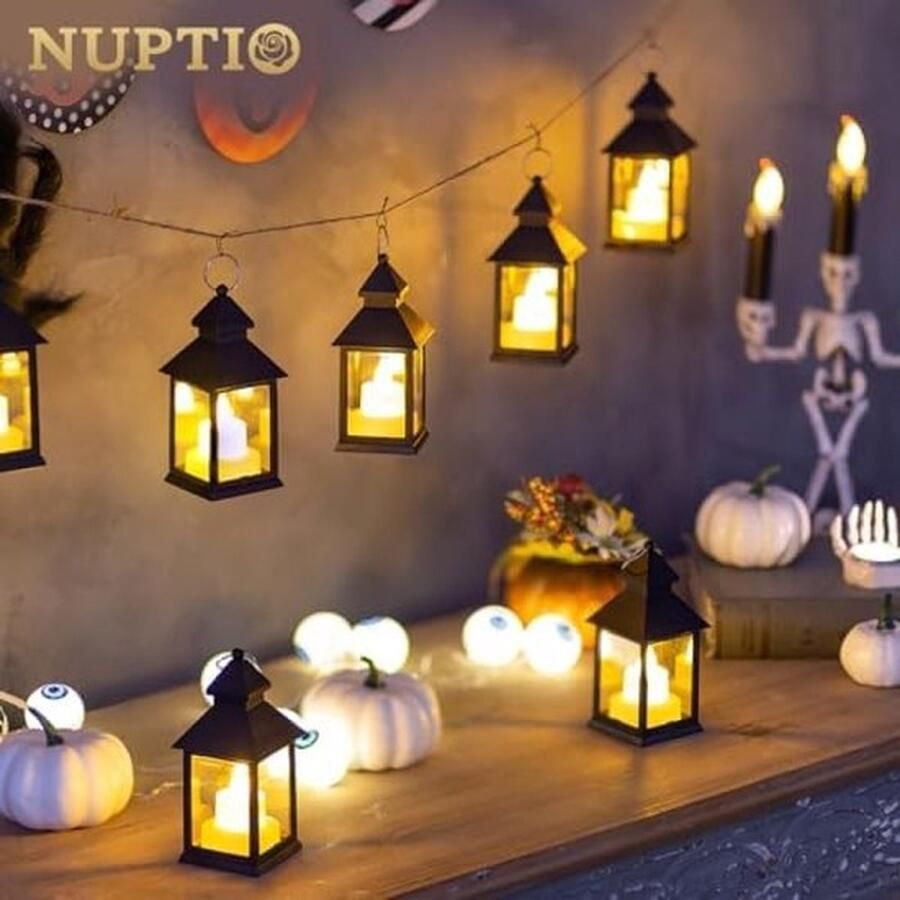 Senza Marchio Kaarslantaarns Halloween Decoraties 10 Stuks Zwarte Flikkerende Led Waxinelichtjes Mini Lantaarn Opknoping Met Vintage Marokkaanse Kerst Ornamenten Tafel Woonkamer Binnen Buiten Ramadan