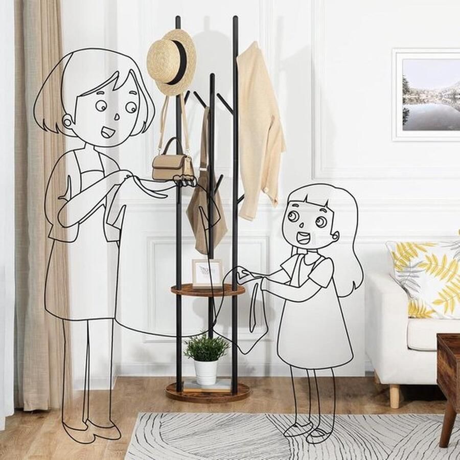 Senza Marchio Kapstok Garderobestandaard met 8 haken en 2 planken voor kleding Vintage bruin-zwart Woonkamer slaapkamer kantoor kapstok