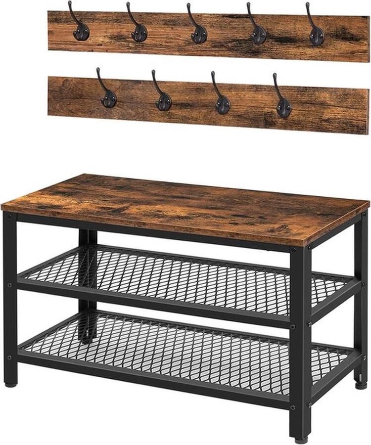 Senza Marchio Kapstok met Schoenbank Industrieel Ontwerp Vintage Bruin Zwart Opbergruimte Metalen Frame kapstok