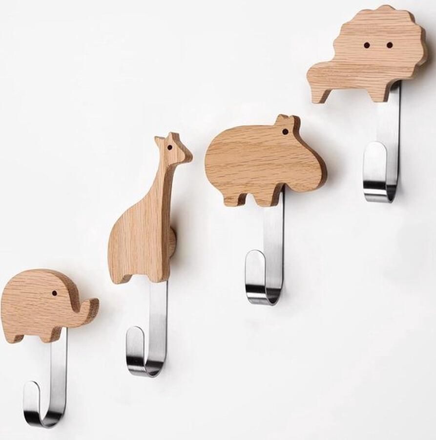 Senza Marchio Kapstok voor kinderen dieren muurhaakjes leeuw nijlpaard giraffe olifant eikenhout 4 metalen haken kapstok