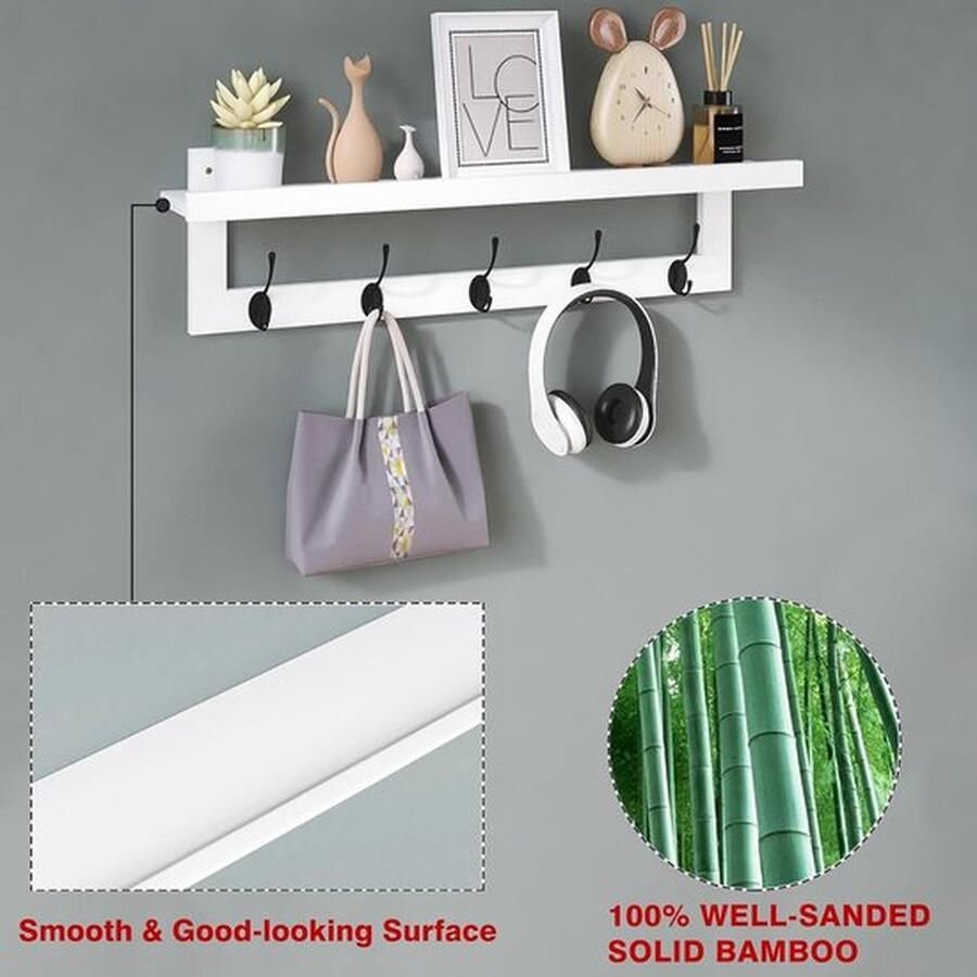Senza Marchio kapstokken met plank Wandmontage 74 cm Hal Kapstok voor Muur Bamboe Hangende Plank met 5 Dubbele Metalen Haken voor Badkamer Slaapkamer Keuken Woonkamer Mudroom (Wit+Zwart)