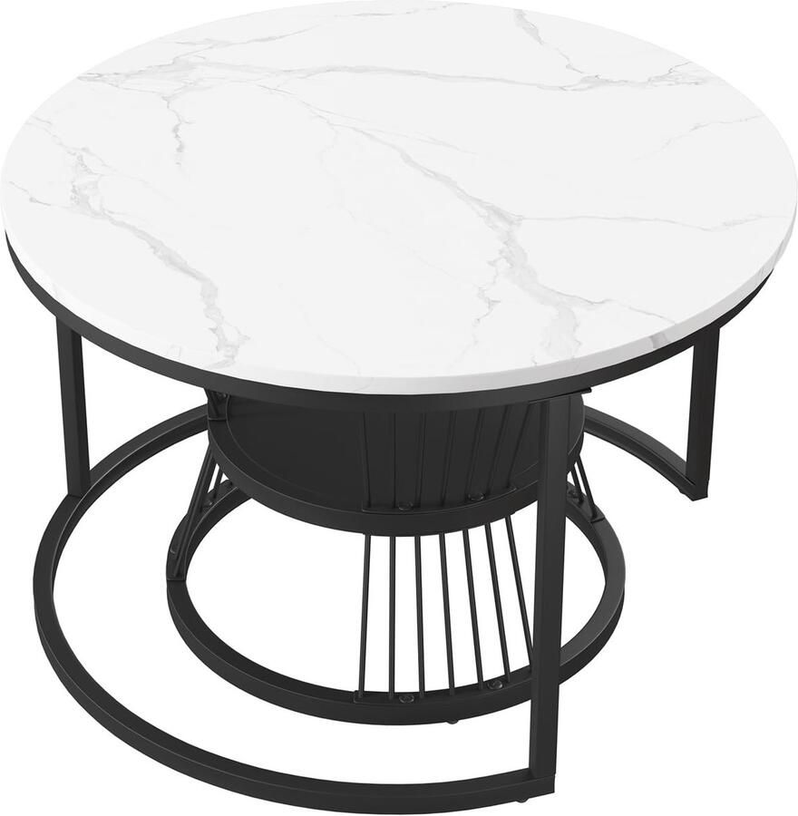 Senza Marchio KeepGoon Nesting Salontafel set van 2 woonkamertafel rond marmeren look salontafelset marmer fineer bank zijnest van tafels ronde eindtafels bijzettafel koffietafel (zwart + wit)