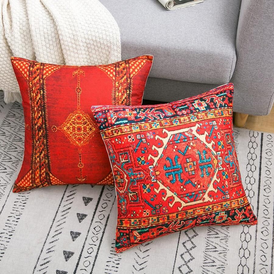 Senza Marchio Kelim Kussenhoezen 50 x 50 cm rood etnisch Turks tapijtpatroon decoratie kussensloop Oosters katoen linnen kussenovertrek bank decoratieve kussenovertrek voor thuis bank outdoor set van 4