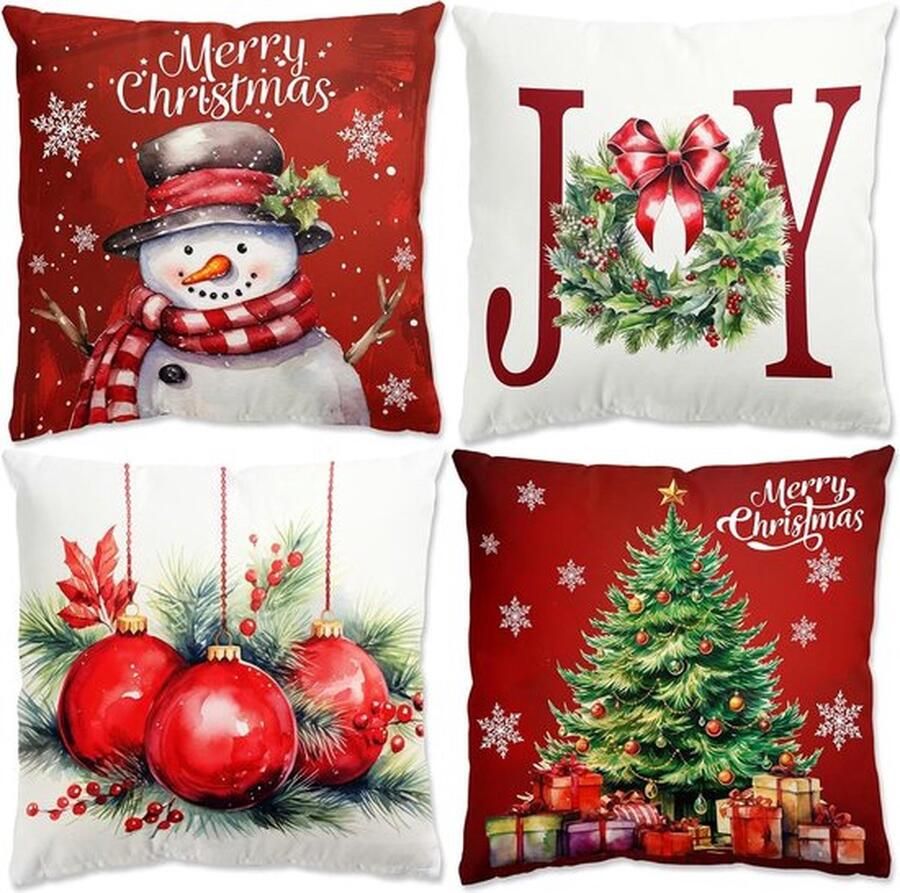 Senza Marchio Kerst Kussenslopen Set van 4 Rode Kussenslopen Vintage Kerstversiering 45 x 45 cm Xmas Kerst Kussenslopen Kerst Design Kussenslopen voor Bank Slaapkamer Woondecoratie Bed Kussens
