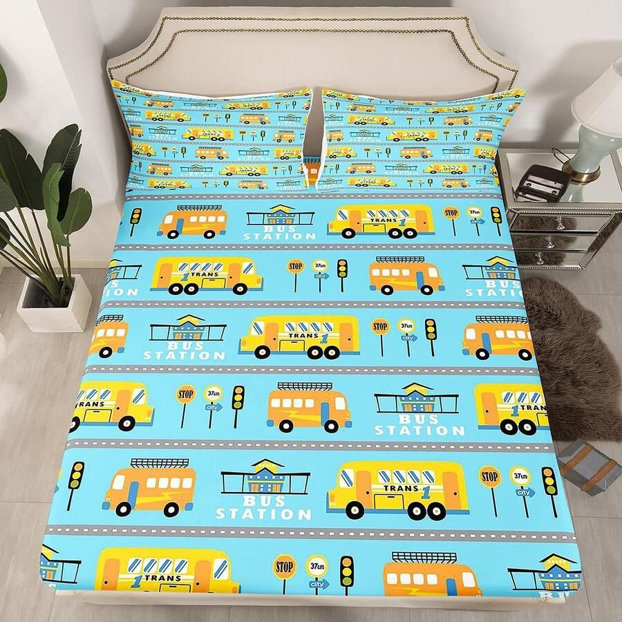 Senza Marchio Kids Cartoon Cars Beddengoed Set Baby Leuke Busstation Hoeslaken voor Jongens Meisjes Kind Kleurrijke Voertuigen Truck Auto Bed Sheet Set Gespecialiseerde Machines Bed Cover Geen Flat Sheet Double