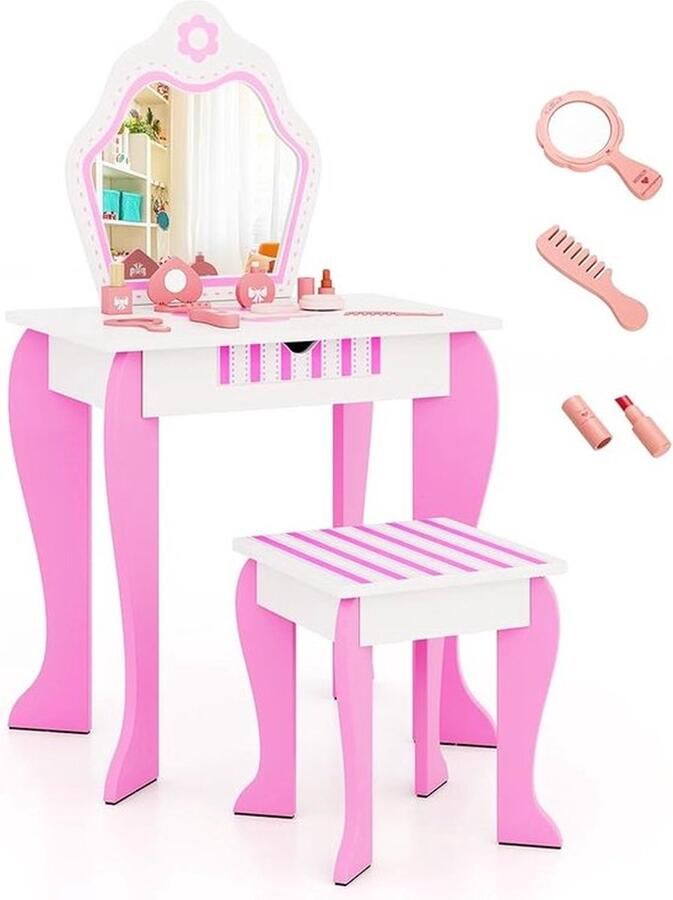 Senza Marchio kinder make-up tafel met kruk Meisjes make-up tafel met verwijderbare spiegel en lade Bloemen kaptafel voor kinderen vanaf 3 jaar (met accessoires)