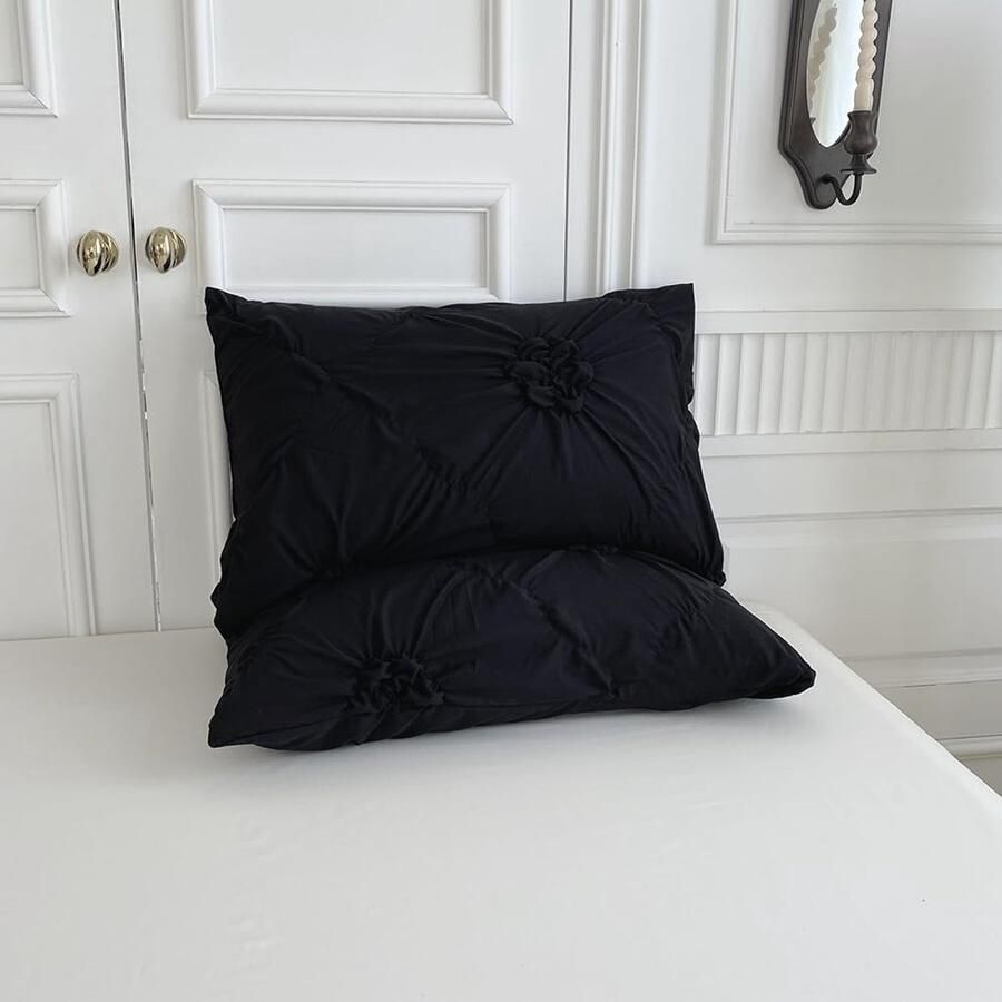 Senza Marchio KIRVCN Bed Linnen 135 x 200 cm 2-delig Luxe Ruches Pleats Easy Care Zachte Microvezel Beddengoed Set met Zip en 1 Kussensloop 80 x 80 cm (Zwart 200x200cm 3-delig)