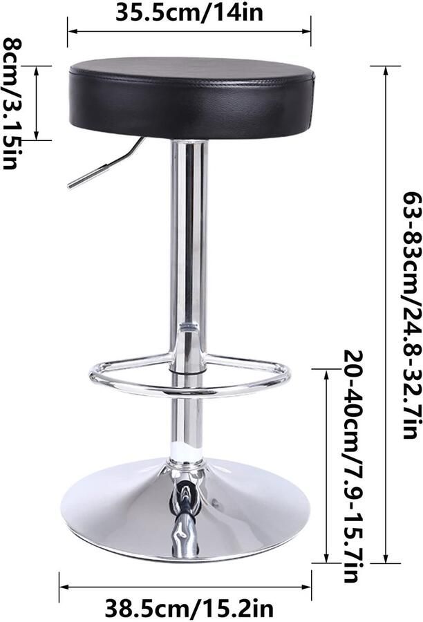 Senza Marchio KKTONER Ronde barkruk PU-leer met voetsteun in hoogte verstelbare draaibare pub stoel thuis keuken barkrukken rugloze kruk (zwart)