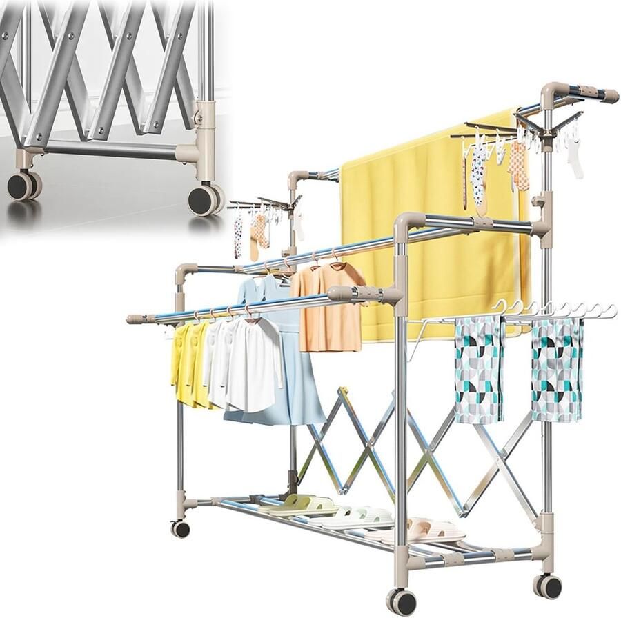 Senza Marchio Kledingrek inklapbaar van roestvrij staal droogrek voor overhemden wasrek met 4 wielen gekruiste stalen buisconstructie met sokkenklemmen intrekbaar ruimtebesparend inklapbaar kledingstandaard