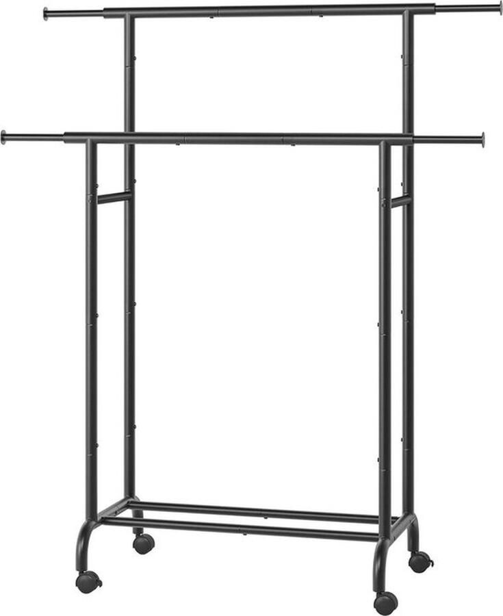 Senza Marchio Kledingrek op wielen dubbel kledingrek uitschuifbaar zwaar metalen frame 80 kg totale belasting 83-120 cm breed inktzwart HSR133B01