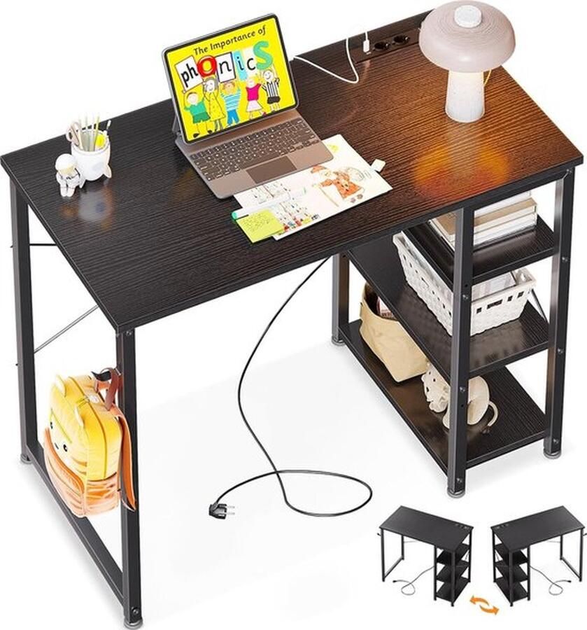 Senza Marchio Klein bureau 80 x 40 x 75 cm computertafel klein met 3 stopcontacten en USB & type C-oplaadaansluiting pc-tafel met omkeerbaar rek kinderbureau voor kantoor woonkamer bruin
