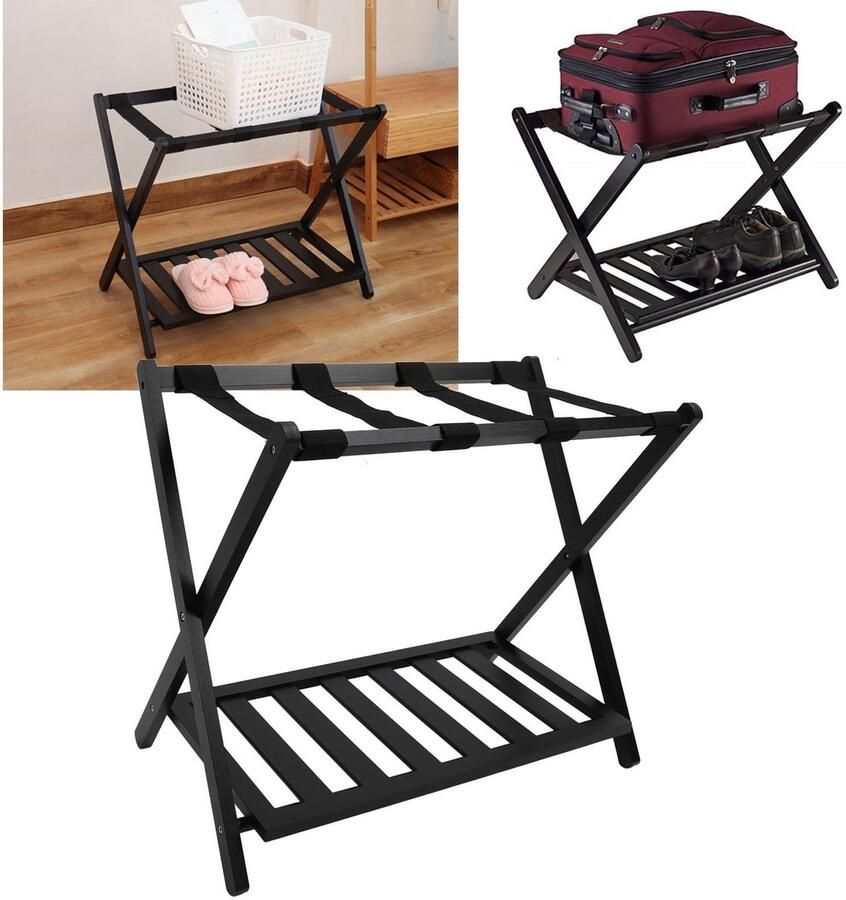 Senza Marchio Kofferstandaard Bagagerek voor Logeerkamer Opvouwbare Zware Bagagestandaard Opvouwbare Dubbele Lagen Houten Kofferstandaard voor Logeerkamer Hotel Slaapkamer