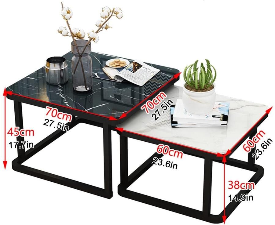 Senza Marchio Moderne woonkamer salontafel Nesting Coffee Table moderne Accent Nesting Table Set van 2 eenvoudige stijl bijzettafel gehard glas vierkant ontwerp robuust stalen frame voor woonkamer kan