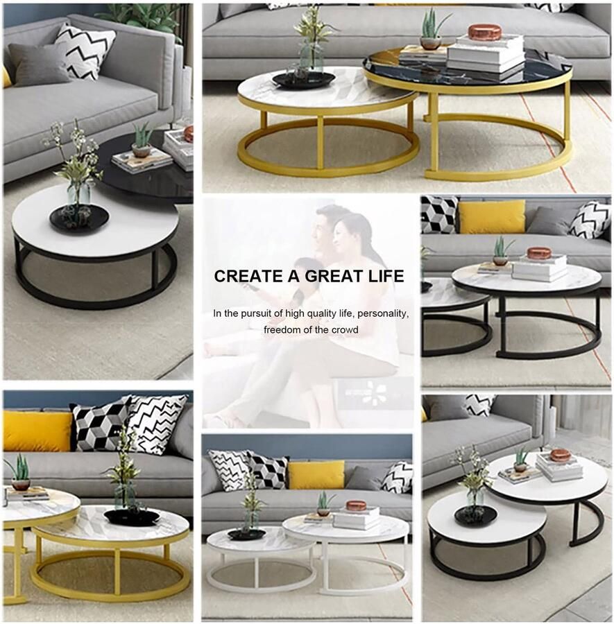 Senza Marchio Koffietafel Nesting Coffee Table-Ronde Coffee Tables Set van 2 Nesting Table met opbergruimte Open plank voor woonkamer Modern minimalistisch meubilair ruimtebesparend