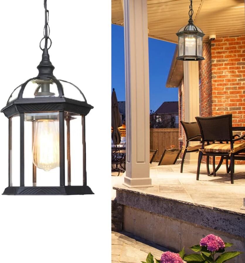 Senza Marchio Kroonluchter Licht Vintage Buiten Plafond IP65 Hangende Lantaarn Licht Retro Schaduw Glas Aluminium Buitenverlichting voor Patio Tuin Veranda Balkon E27 Zonder Lamp