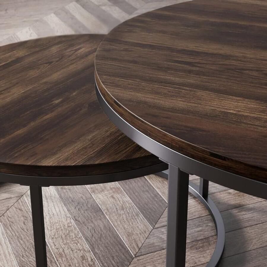 Senza Marchio KROVEDY Moderne woonkamer koffietafel Nesting Salontafel Set van 2 Stapelbare Side End Tafels Industriële Stijl Dikke Walnoot Board Nachtkastjes met Metalen Benen End Tables Nesting Tables voor Livi