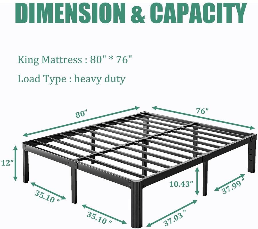 Senza Marchio LAKKURI 12 inch hoog platform metalen kingsize bedframe kingsize bed frameno boxspring nodig Heavy Duty geluidsvrij eenvoudige montage zwart