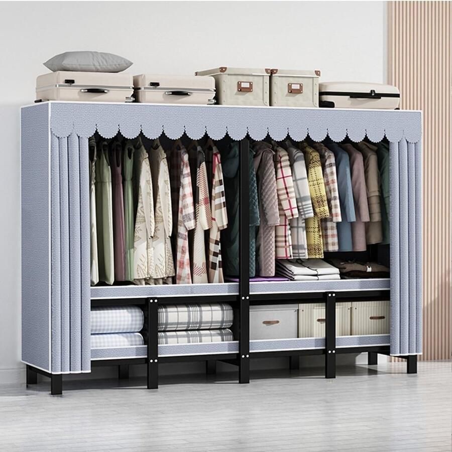 Senza Marchio Large Capacity All-steel Clothes Drying Rack Floor Wardrobe Closet Foldable Portable Wardrobe Rack 1100lbs Heavy-Duty With Cover Bedroom Open Independent Wardrobe Clothing Orga