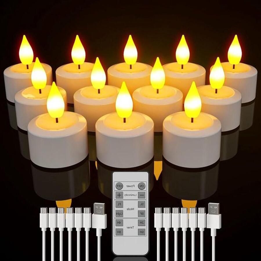 Senza Marchio Led Kaarsen met Bewegende Vlam Oplaadbare Theelichtjes 12 Stuks USB Oplaadbare Vlamloze LED-Batterijkaarsen Afstandsbediening Timer Realistische Nepkaarsen 2 Stuks Oplaadkabels Thuis Kamer Tafel Halloween