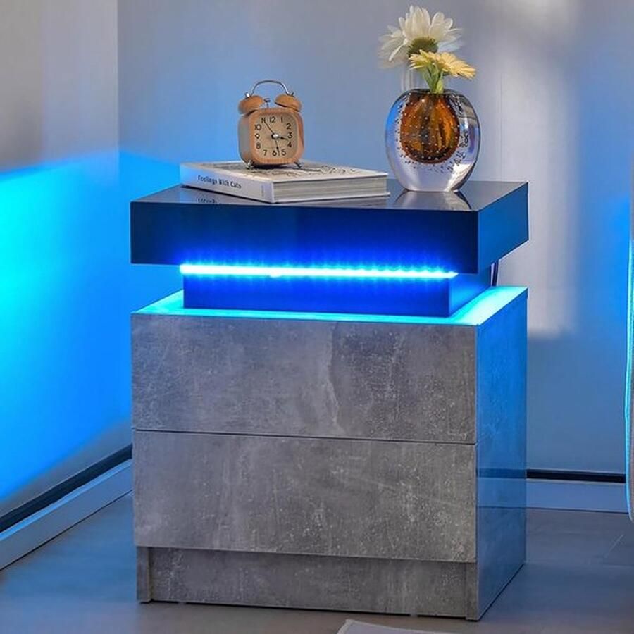 Senza Marchio LED Nachtkastje met 2 Laden Dynamisch & Statisch Verlicht Inclusief Afstandsbediening Modern 45 x 35 x 52 cm Grijs