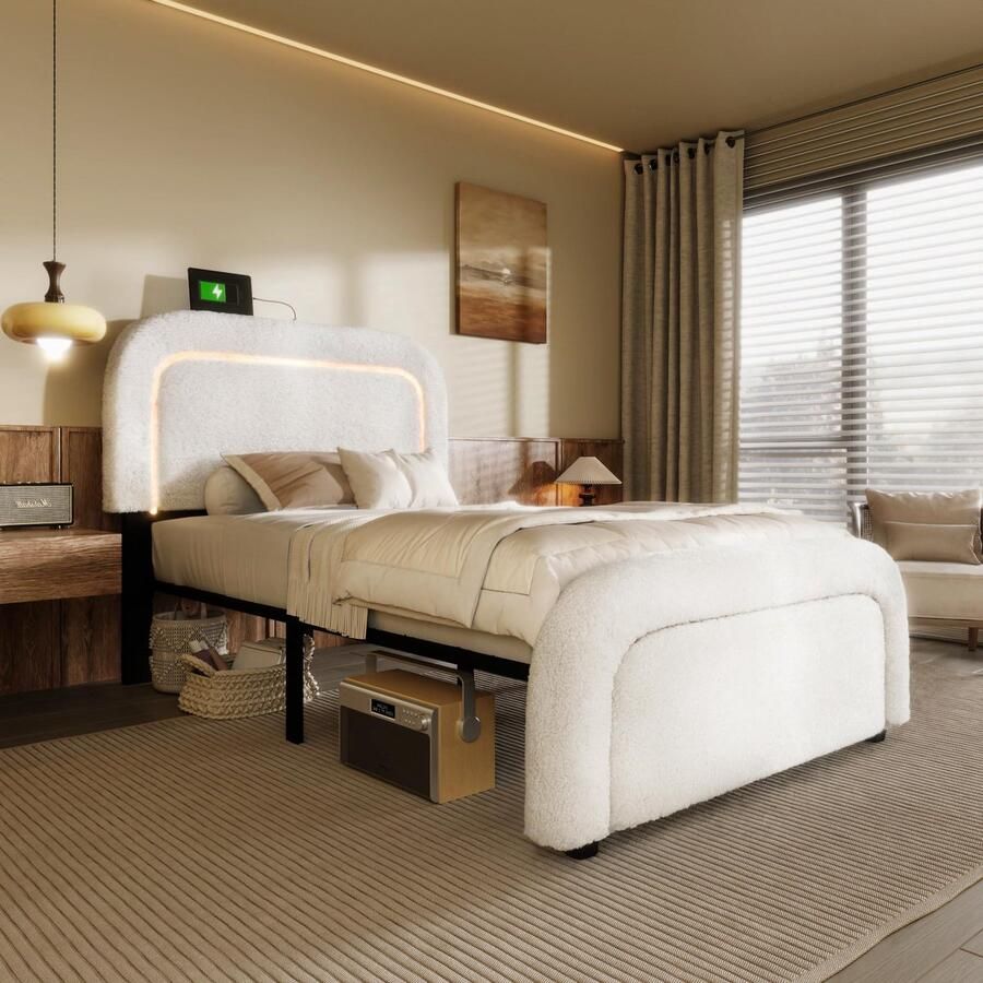 Senza Marchio Lexiou Bedframe met USB type C oplaadfunctie ledverlichting gestoffeerd in hoogte verstelbaar hoofdeinde lattenbodem van hout (90 x 200 cm)