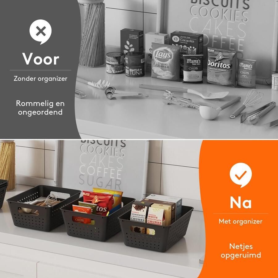 Senza Marchio Lifewit Plastic Opbergmand 7 stuks Stapelbare Opbergbakken om te Organiseren Meerdere Maten Open Bakjes voor Planken Kast Keuken Badkamer en Kantoor 5 Grote en 2 Kleine Formaten Zwart