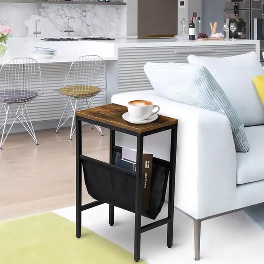 Senza Marchio Lincoln Bijzettafel tijdschriftenhouder vak tijdschriftenhouder Nachtkastje Eenvoudig te monteren metalen frame bruin Zwart 39 x 25 x 61 cm