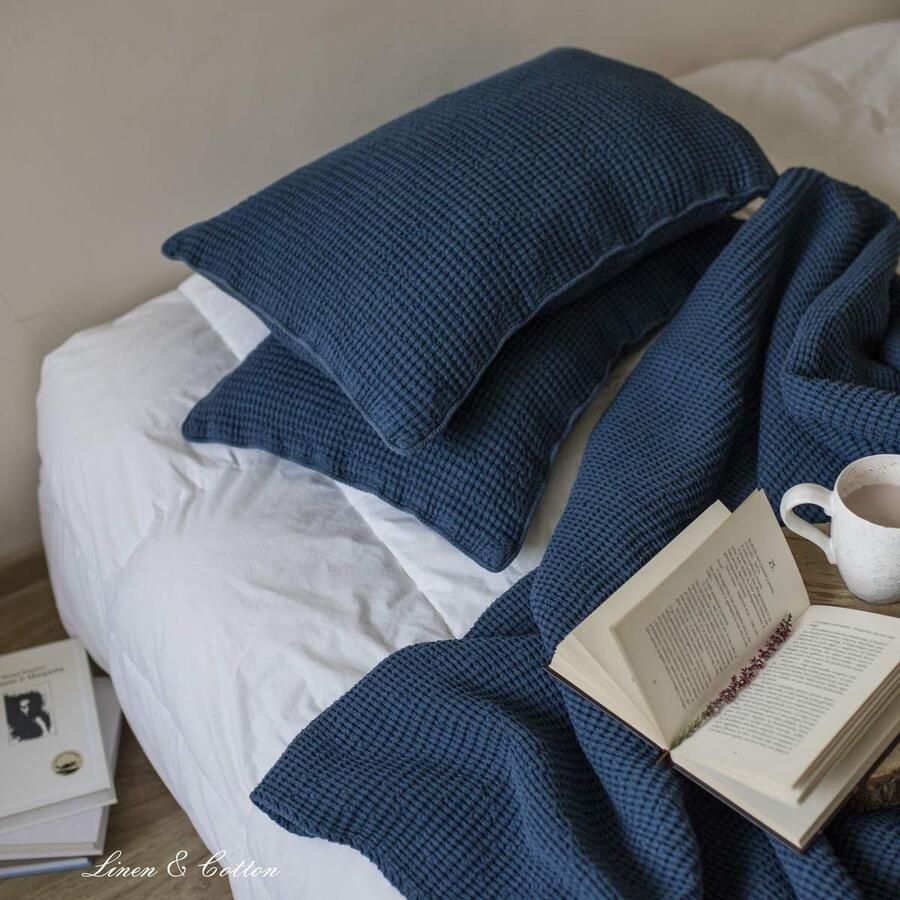 Senza Marchio Linen & Cotton Kussensloop Kussenhoes Sierkussenslopen Enzo 48% Linnen 52% Katoen Donkerblauw Blauw (40 x 60 cm) Decoratieve Rechthoekig Wafelstof Woondecoratie voor Bed Bank Slaapkamer Woonkamer