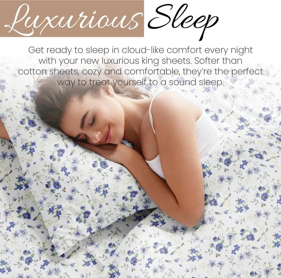 Senza Marchio Linen Market 4-delige kingsize beddengoedset (lichtblauw bloemen) slaap beter dan ooit met deze ultrazachte en verkoelende lakens voor je kingsize bed diepe zak voor matras van 40 cm