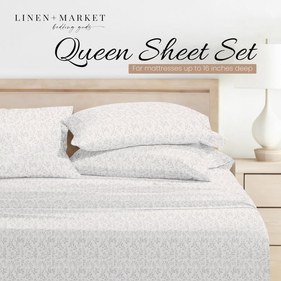 Senza Marchio Linen Market Beddengoedset voor queensize bed slaap beter dan ooit met deze ultrazachte en verkoelende lakens de diepe hoeken passen op matrassen tot 40 cm 4-delig grijs met wijnbladerprint (Gray