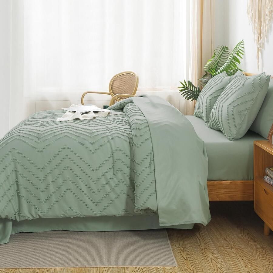 Senza Marchio Litanika California Kingsize dekbedset met lakens saliegroen 7-delig bed in een tas kingsize boho complete beddengoedset met dekbed lakens kussenslopen en shams