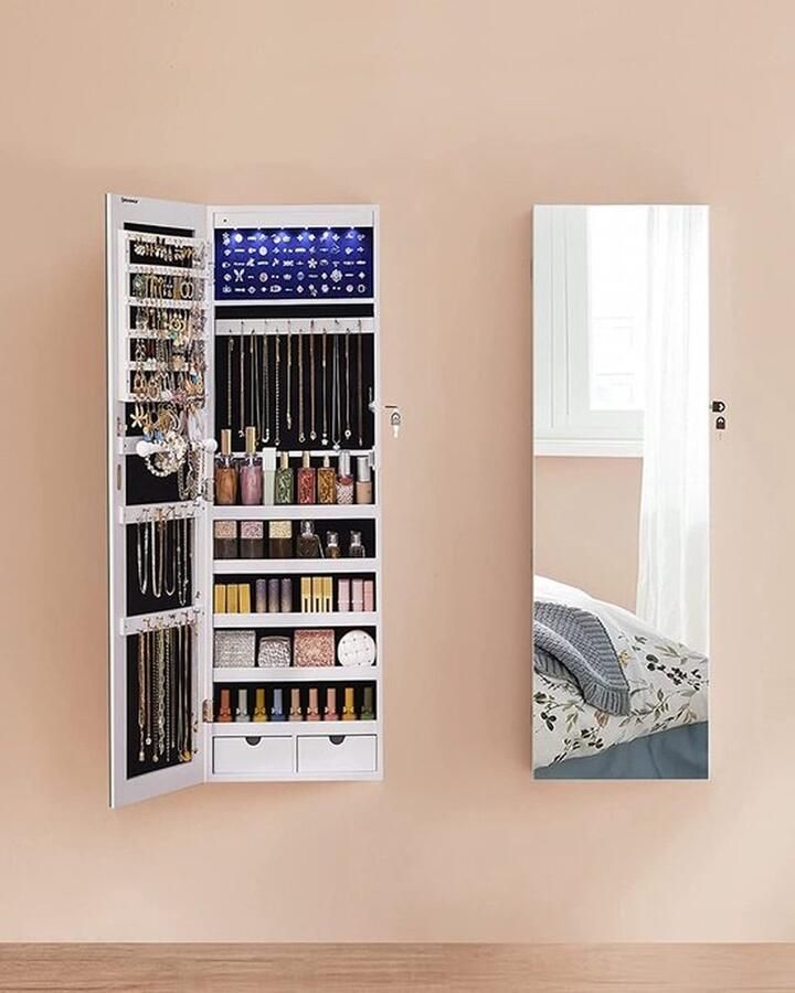 Senza Marchio Lorael Sieradenkast Hangende Sieradenkast met spiegel Wandspiegel Sieradenorganizer met LED-binnenverlichting Wandkast met volledige spiegel Wandmontage Hangend aan de deur Cadeau wit 37 x 9 3 x 108cm