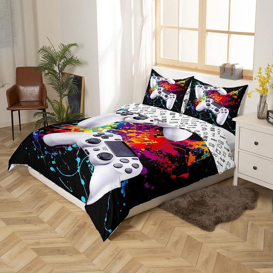 Senza Marchio Loussiesd 3-delige beddengoedset voor kinderen jongens bedrukt videogamepads en verfvlekken voor tweepersoonsbed
