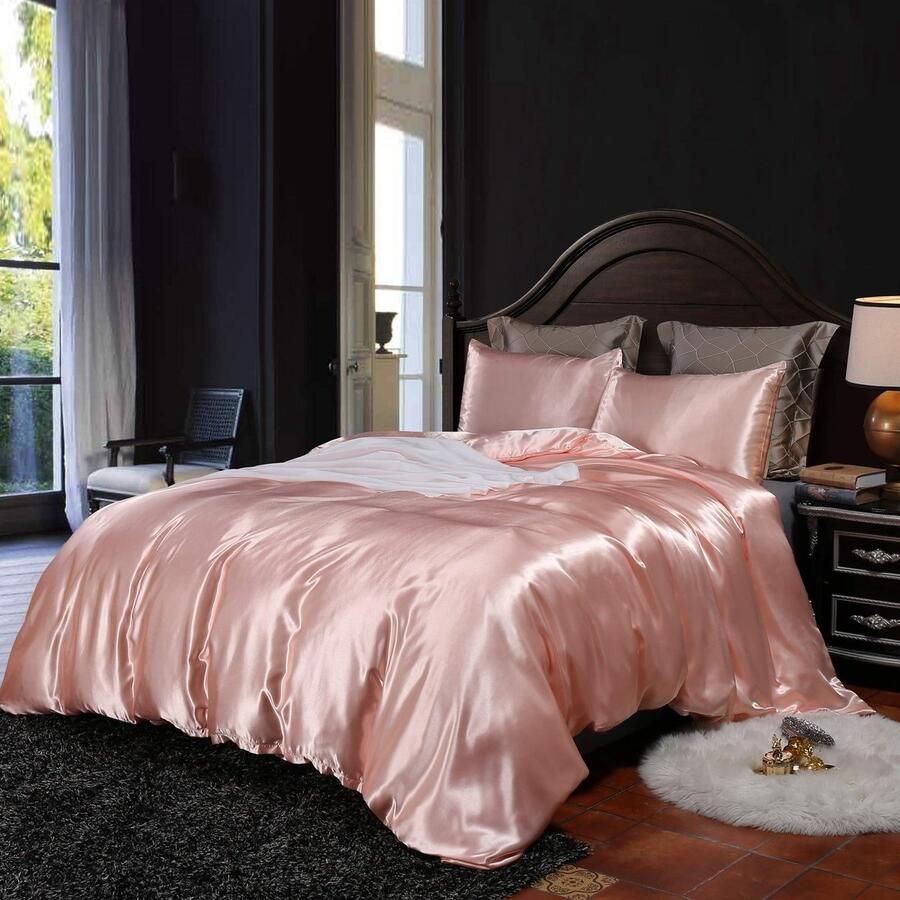 Senza Marchio Loussiesd Omkeerbare beddengoedset van zijde satijn voor slaapkamer super kingsize bed luxe en sexy huwelijksreisstijl licht geborsteld voor rustieke decoratie roze