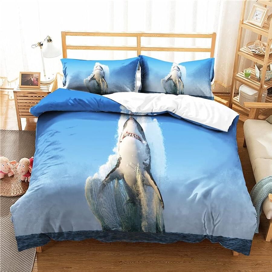 Senza Marchio Lovely Cartoons Shark Duvet Cover 3d Bedding Set Queen King Size Comforter Bed Cover Set Blue Bedclothes Quilt Set Multiple Size 220×260CM