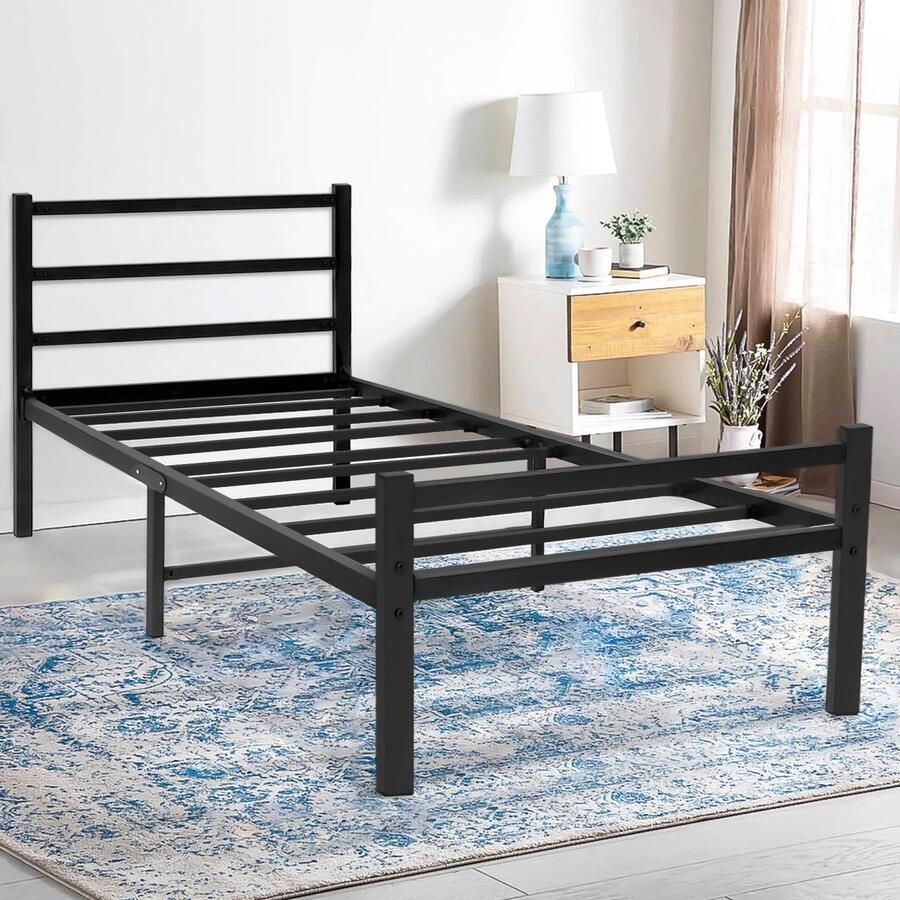 Senza Marchio LUSIMO Twin metalen platform bedframe met hoofdeinde 35 5 cm bedframe geen boxspring nodig geluidsvrij zwaar belastbare matrasbasis eenvoudige montage zwart