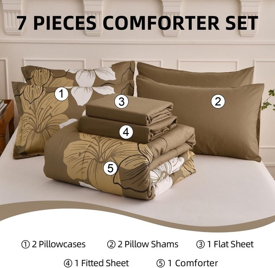 Senza Marchio Luxudecor Floral dekbedovertrekset kingsize bed 7-delig bed in een tas bruin dekbed en lakenset met bloemen zachte microvezel bruine complete beddengoedsets voor alle seizoenen