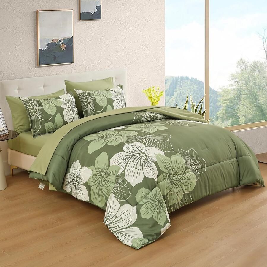 Senza Marchio Luxudecor Floral dekbedovertrekset kingsize bed 7-delig bed in een tas olijfgroen dekbedovertrek en lakenset zachte microvezel groene complete beddengoedsets voor alle seizoenen