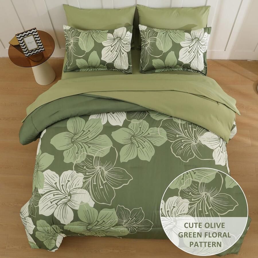 Senza Marchio Luxudecor Floral dekbedovertrekset queensize 7-delig bed in een tas olijfgroen dekbedovertrek en lakenset zachte microvezel groene complete beddengoedsets voor alle seizoenen