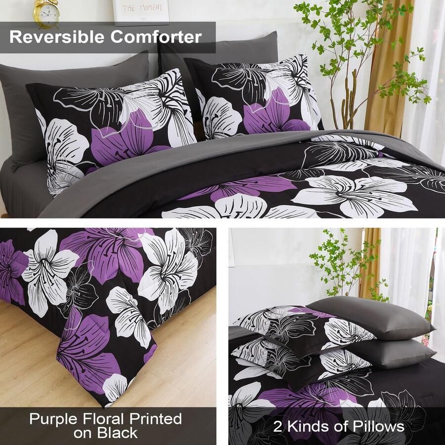 Senza Marchio Luxudecor Floral dekbedovertrekset queensize 7-delig bed in een tas paars dekbedovertrek en lakenset met bloemen zachte microvezel complete beddengoedsets voor alle seizoenen